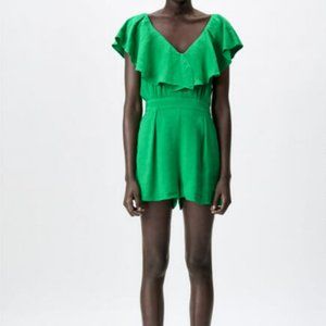 Zara NWT Green Linen Ruffle Jumpsuit Romper Sz Small